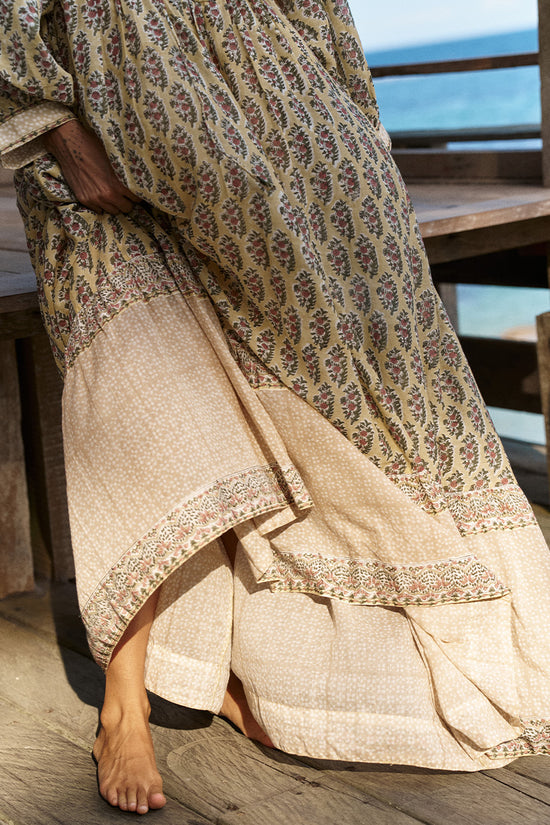 Bhoomi Maxi Dress Meadow — hem and tiered border detail on ocean deck, hand block print cotton | Daughters of India