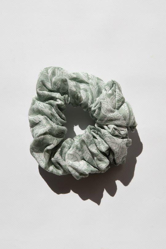 Daughters of India Upcycled Scrunchie in Jade, a dark green hair scrunchie made from upcycled cotton fabric with subtle texture