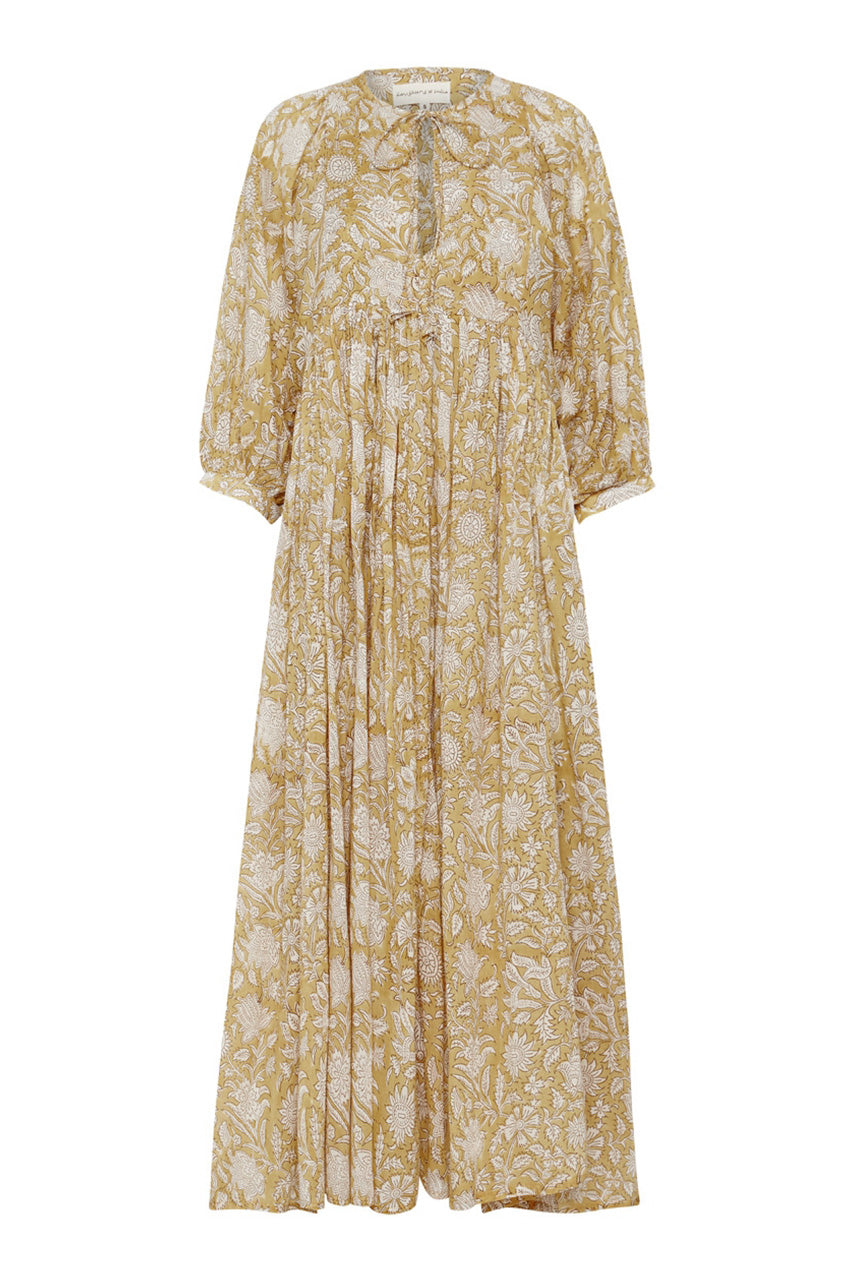 Daughters of India Kyra Midi Dress in Cumin — flat lay showing neckline tie, billowed sleeves, hand screen print cotton