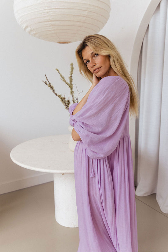 Daughters of India Kyra Maxi Dress in Lilac Gauze — over-shoulder in white interior, billowed sleeve and waist detail