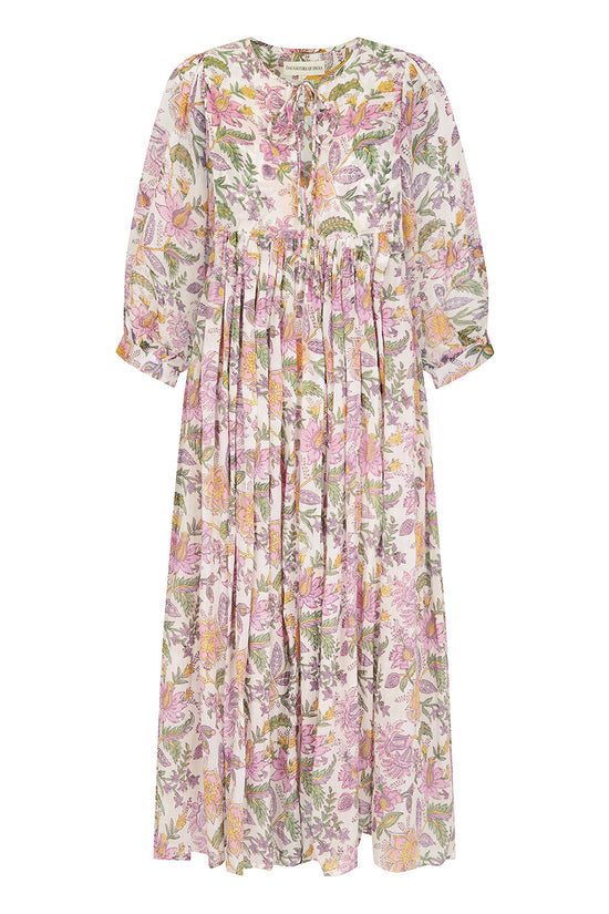 Daughters of India Kyra Midi Dress in Fuchsia Bloom — flat lay showing neckline tie, billowed sleeves, hand screen print
