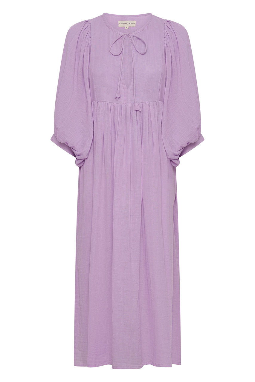 Daughters of India Kyra Midi Dress in Lilac Gauze — flat lay showing neckline tie, billowed sleeves, cotton gauze fabric
