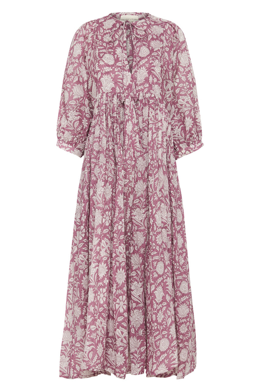 Daughters of India Kyra Midi Dress in Musk — flat lay showing neckline tie, billowed sleeves, hand screen print cotton