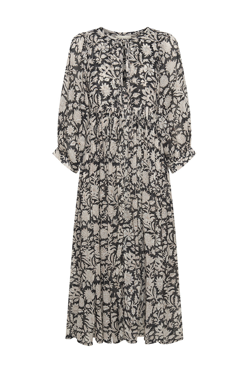 Daughters of India Kyra Midi Dress in Pepper — walking on white sand beach, hand screen print