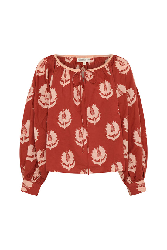 Ria Blouse Ruby Red — ghost mannequin front and back view on white background, ruby red hand block print cotton blouse with botanical leaf motif, relaxed fit silhouette, artisan Jaipur India | Daughters of India