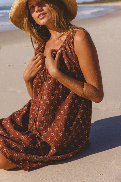 Sundress Mini Almond — studio full length front view, sleeveless mini sundress with tie-gather neckline, warm almond cotton hand block print, short hemline, artisan Jaipur India | Daughters of India