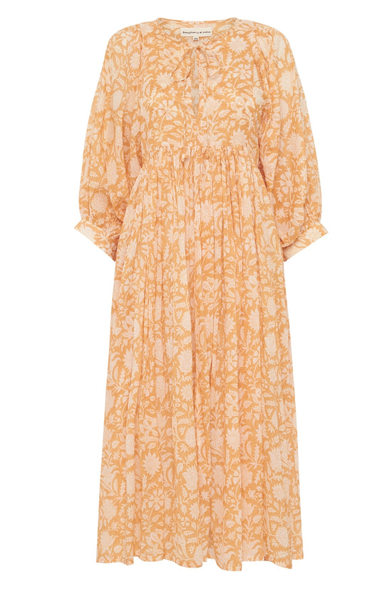 Daughters of India Kyra Midi Dress in Tangerine — flat lay showing floral print detail, cotton